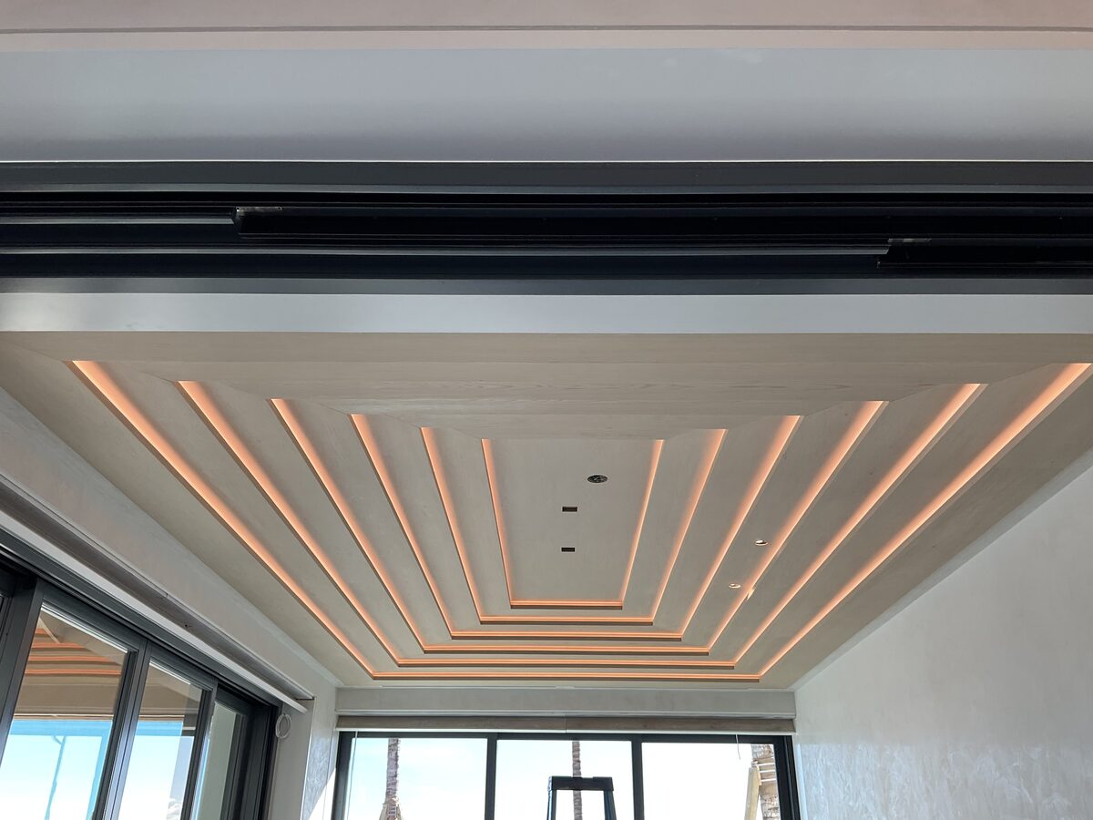 LED-lit tray ceiling, custom finish
